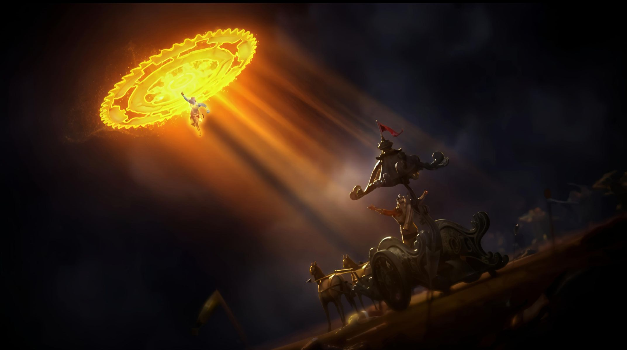Arjuna's chariot on the battlefield beneath the glowing Sudarshan Chakra